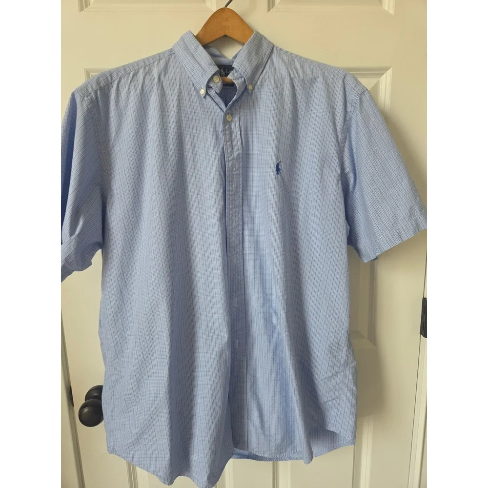 Ralph Lauren Mens XL Classic Fit Blue Plaid Short Sleeve Button Down 100% Cotton